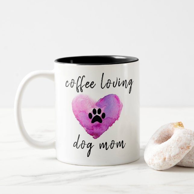 Coffee Loving Dog Mom Cute Heart Two-Tone Coffee Mug (With Donut)