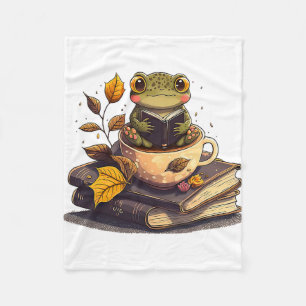 Coffee-Loving Frog Reading Books Fleece Blanket