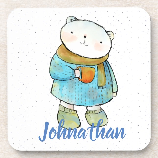 Coffee Loving Polar Bear Custom Beverage Coaster (Front)