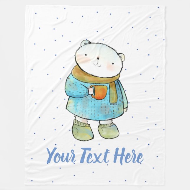 Coffee Loving Polar Bear Custom Fleece Blanket (Front)