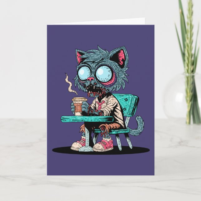 Coffee Loving Zombie Cat Card (Front)