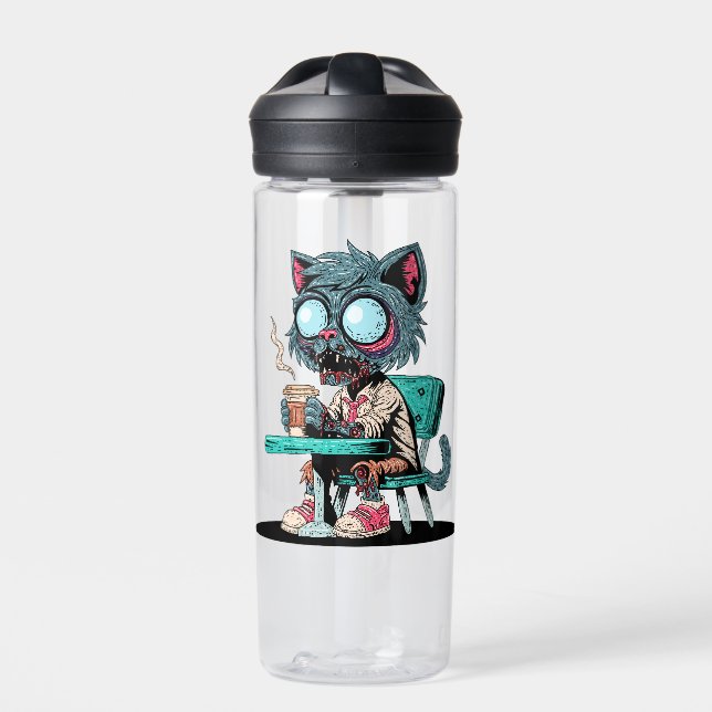 Coffee Loving Zombie Cat Water Bottle (Front)