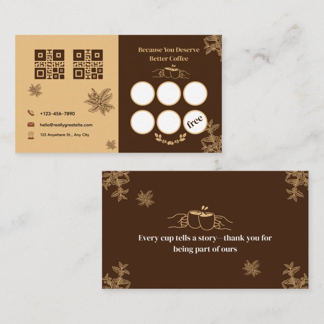 Coffee Loyalty Card Brown Elegant QR Design (Front/Back)