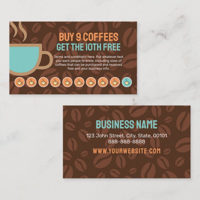 Coffee Loyalty Stamp or Punch Card - Buy 9 Get 1 (Front/Back)
