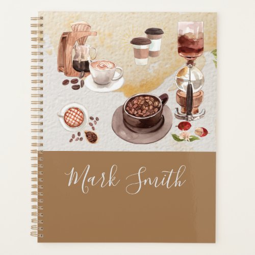 Coffee Maker cup bean watercolor with name script  Planner