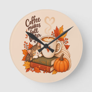 Coffee Makes Fall Better – Cozy Autumn Coffee Cat Round Clock