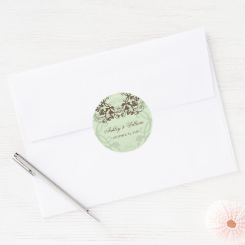 Coffee Mint Vintage Floral Flourish Wedding Party Classic Round Sticker