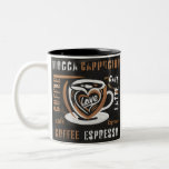 Coffee Mocca Cappucino Esspreso Cafe'Latte Two-Tone Coffee Mug<br><div class="desc">A charming minimalist painting illustration on a black background, featuring various coffee-related terms and symbols. The main focus is a dynamic coffee cup, with a heart design intertwined with the words 'love' and 'coffee', emphasizing people's love for this drink. The cup is surrounded by bright brown and white colors, creating...</div>