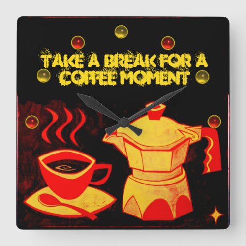 COFFEE MOMENT Red Yellow Coffee cup and coffeepot Square Wall Clock