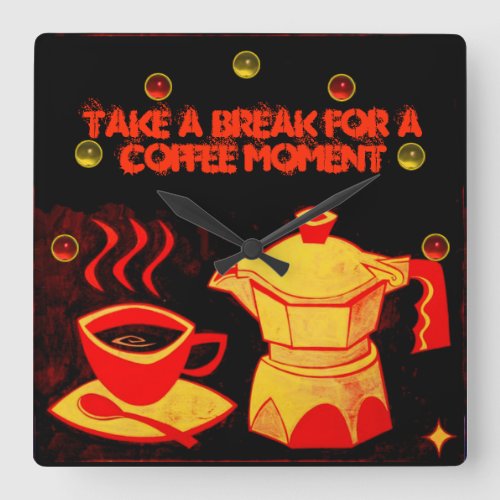 COFFEE MOMENT Red Yellow Coffee cup and coffeepot Square Wall Clock