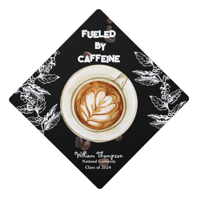 Coffee Mug Beans Fueled By Caffeine Customizable  Graduation Cap Topper (Front)