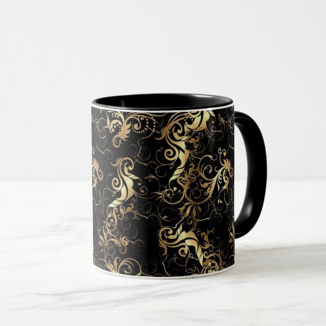 COFFEE MUG GOLDEN LEAF BAROQUE DESIGN (Front Right)