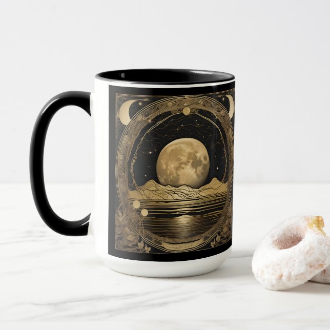 Coffee Mug - Golden Moon Over Peaceful Water (With Donut)