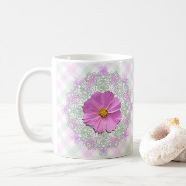 Coffee Mug - Medium Pink Cosmos on Lace & Lattice (With Donut)