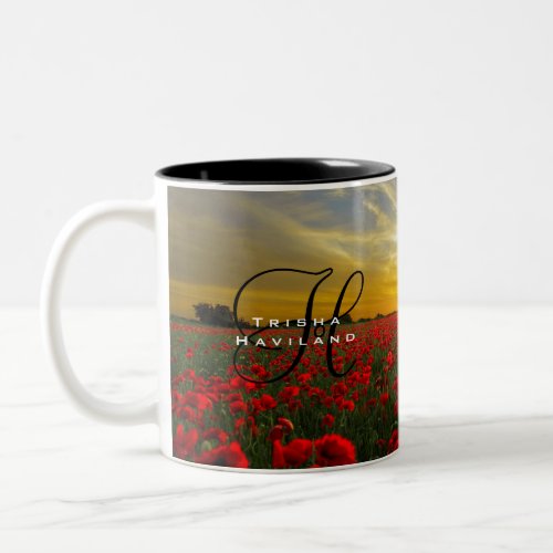 Coffee Mug _ Monogram Sunset  Red Flowers HAMbyWG