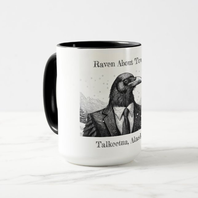 Coffee mug, Raven About Town - Talkeetna Alaska.  Mug (Front Left)