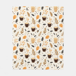 Coffee Mug Theme with Leaves Fleece Blanket