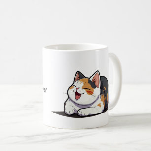 Coffee mug with a calico cat yawning