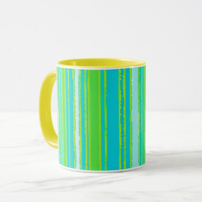 Coffee Mug With Aqua Turquoise Lime Green Stripes (Front Left)