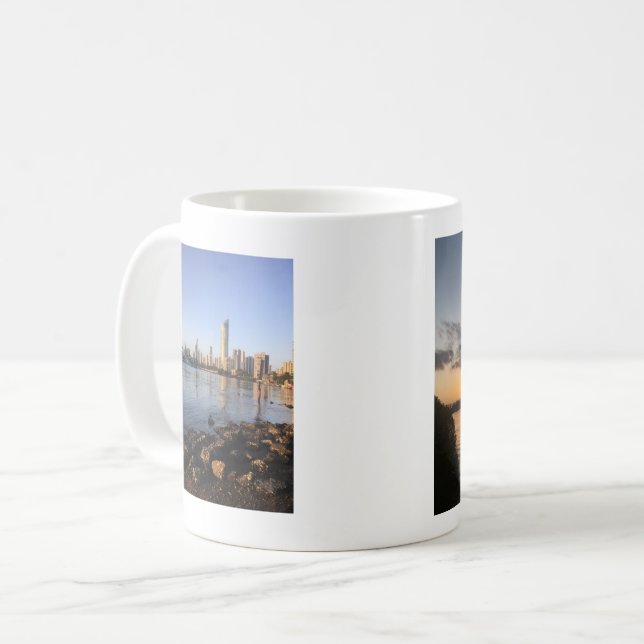 Coffee Mug with differing views of the sunset. (Front Left)