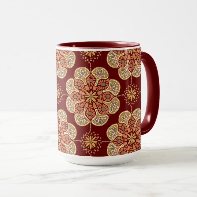  Coffee Mug with medallions ocher on wine (Front Right)