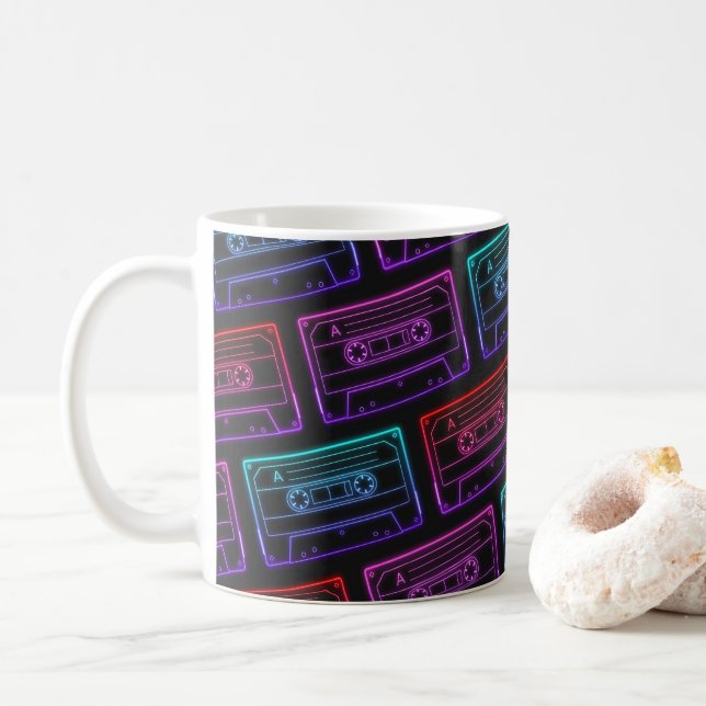 Coffee Mug With Neon Multicolor Cassette Pattern (With Donut)