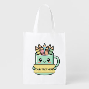 Coffee Mug With Pencils Blank Sign Pastel Graphic Grocery Bag