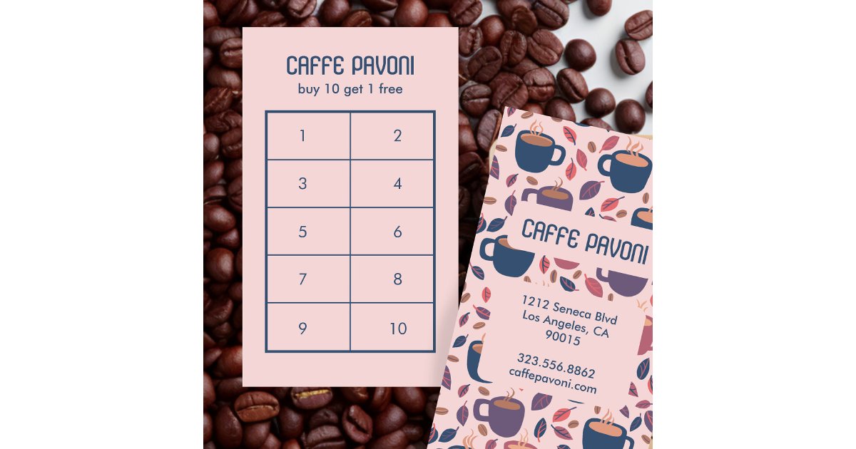 Coffee Mugs Pattern Pink Blue Cafe Cute 10 Loyalty Card | Zazzle