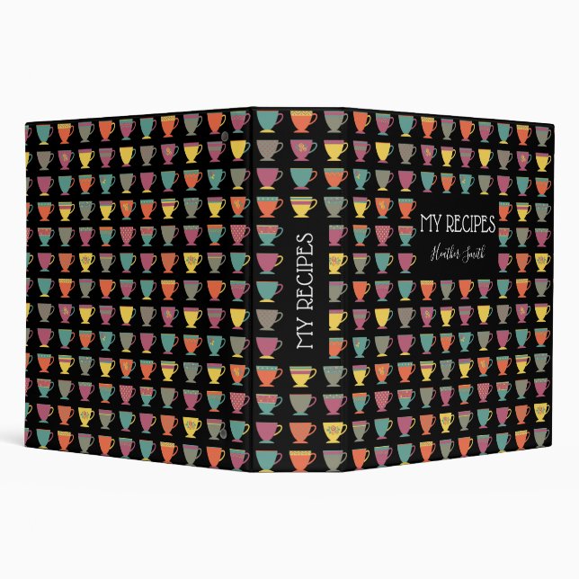 Coffee mugs, tea cups black modern recipe book 3 ring binder (Background)