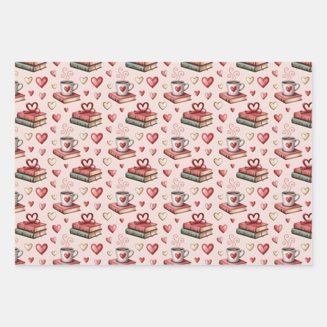 Coffee mugs with hearts wrapping paper sheets (Front)