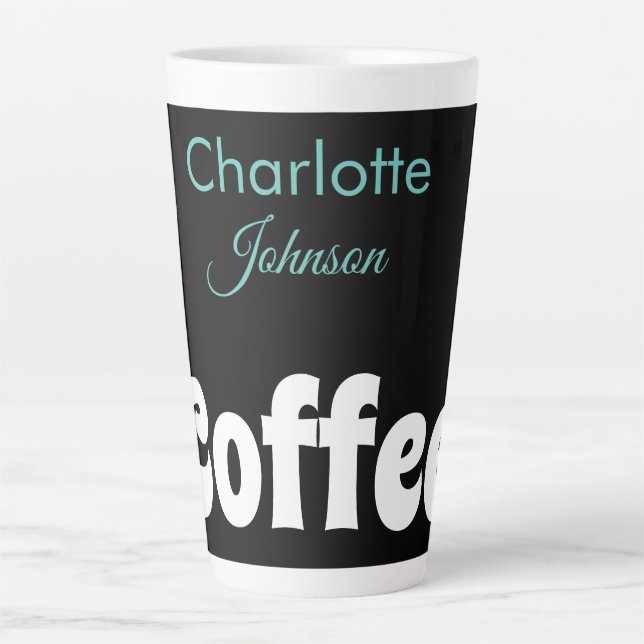 Coffee | Name Stylish Black Teal Typography Latte Mug (Front)