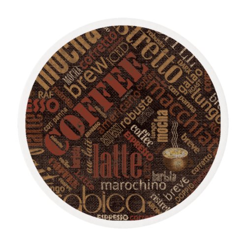 Coffee on Burlap Word Cloud Brown ID283 Edible Frosting Rounds