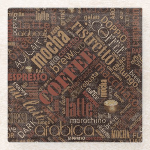 Coffee on Burlap Word Cloud Brown ID283 Glass Coaster