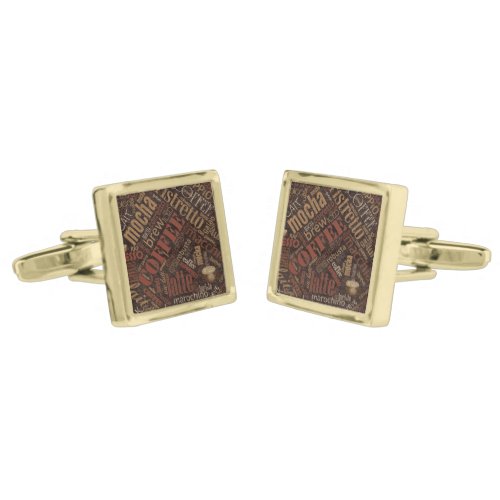 Coffee on Burlap Word Cloud Brown ID283 Gold Cufflinks