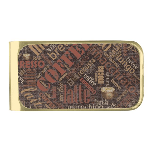 Coffee on Burlap Word Cloud Brown ID283 Gold Finish Money Clip (Front)