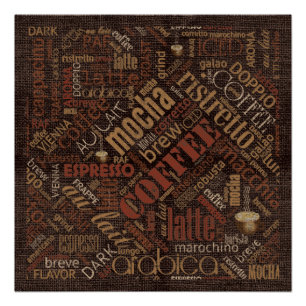 Coffee on Burlap Word Cloud Brown ID283 Poster