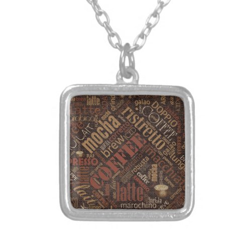 Coffee on Burlap Word Cloud Brown ID283 Silver Plated Necklace