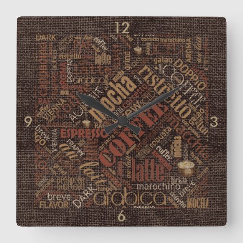 Coffee on Burlap Word Cloud Brown ID283 Square Wall Clock