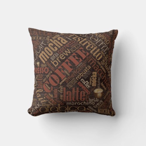 Coffee on Burlap Word Cloud Brown ID283 Throw Pillow