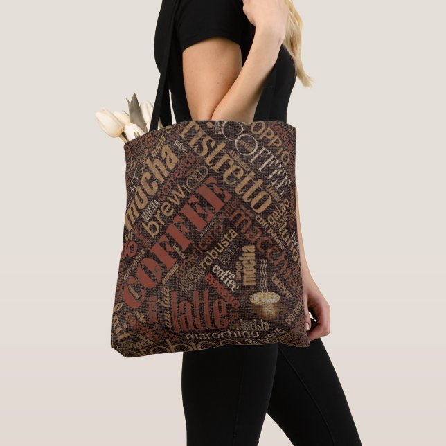 Coffee on Burlap Word Cloud Brown ID283 Tote Bag (Close Up)
