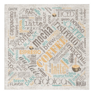 Coffee on Burlap Word Cloud Teal ID283 Acrylic Print
