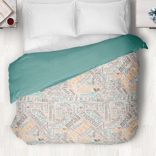 Coffee on Burlap Word Cloud Teal ID283 Duvet Cover