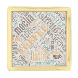 Coffee on Burlap Word Cloud Teal ID283 Gold Finish Lapel Pin