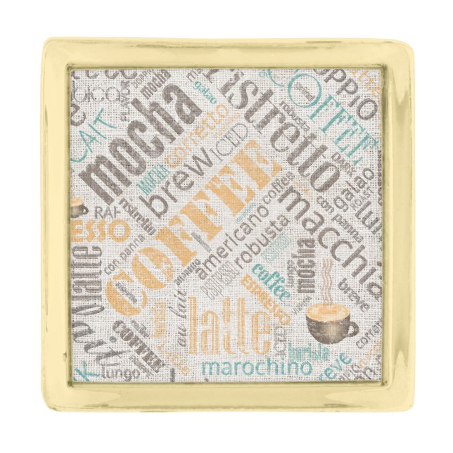 Coffee on Burlap Word Cloud Teal ID283 Gold Finish Lapel Pin (Front)