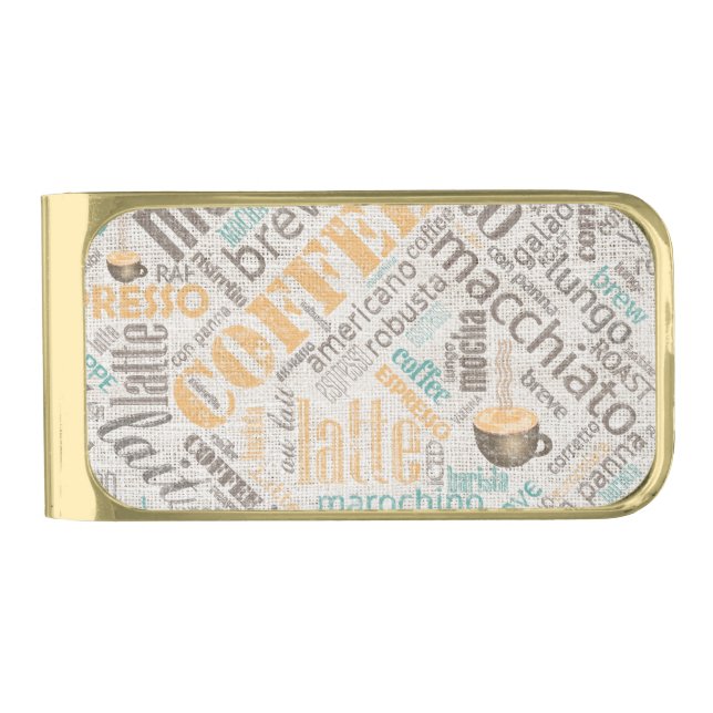 Coffee on Burlap Word Cloud Teal ID283 Gold Finish Money Clip (Front)