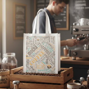 Coffee on Burlap Word Cloud Teal ID283 Grocery Bag