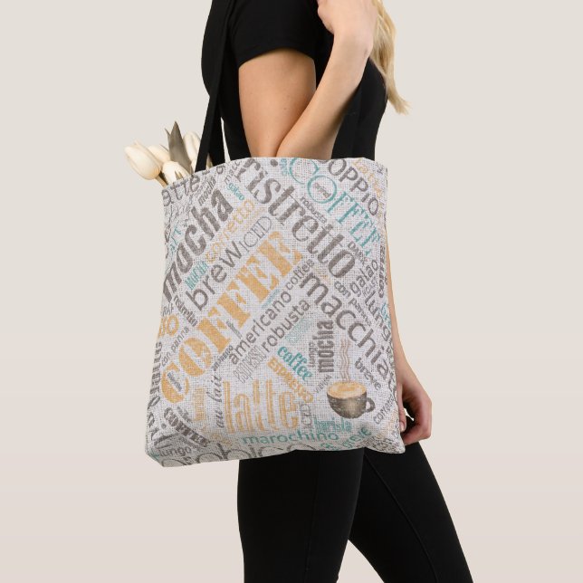 Coffee on Burlap Word Cloud Teal ID283 Tote Bag (Close Up)