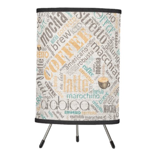 Coffee on Burlap Word Cloud Teal ID283 Tripod Lamp