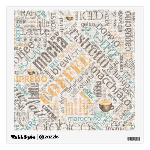 Coffee on Burlap Word Cloud Teal ID283 Wall Decal