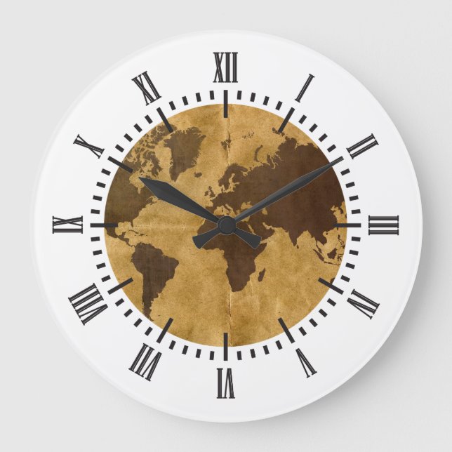 Coffee on Paper Style World Map Large Clock (Front)